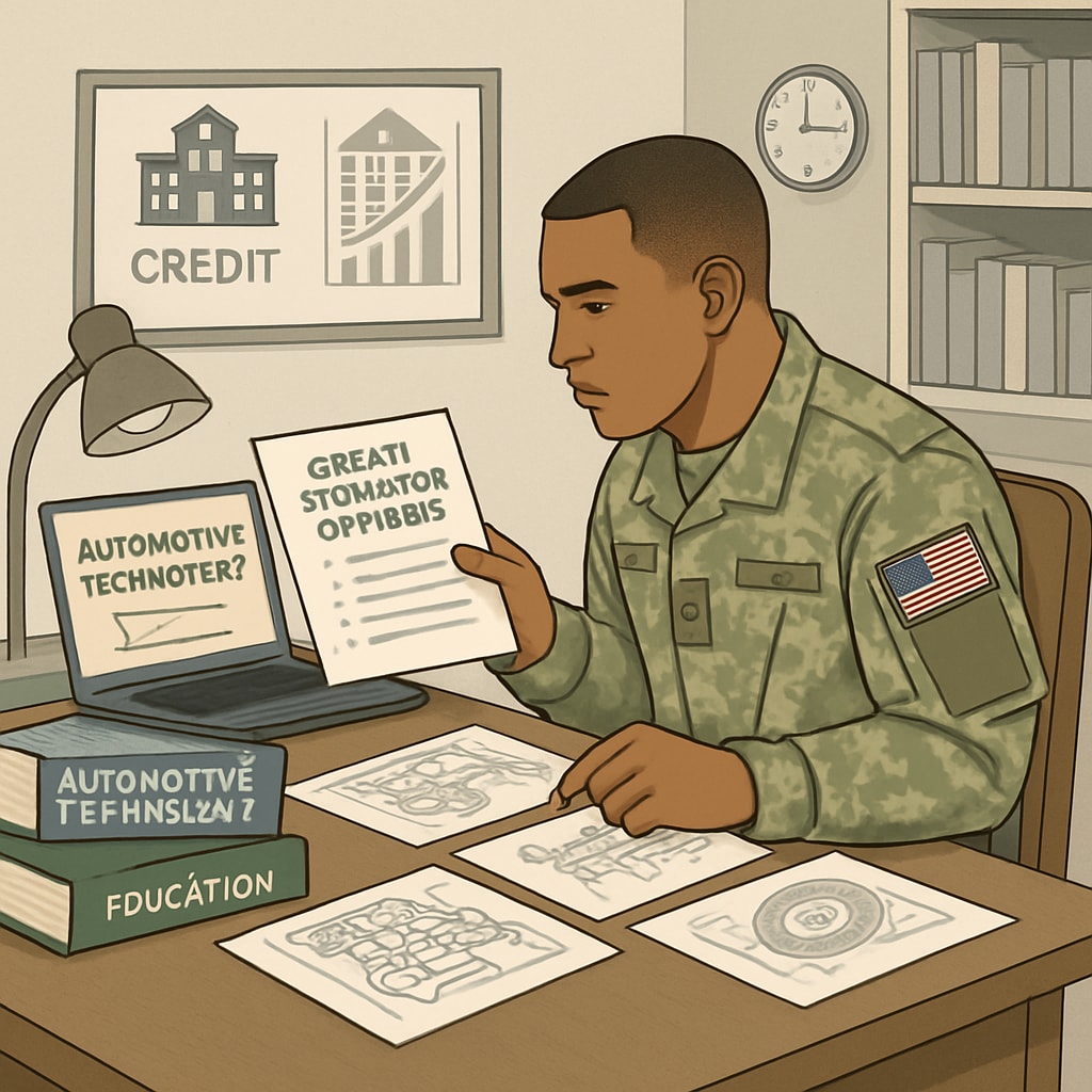A military veteran reviewing credit transfer options for advancing automotive technology education. Credit transfer options for automotive technology degree for military personnel.