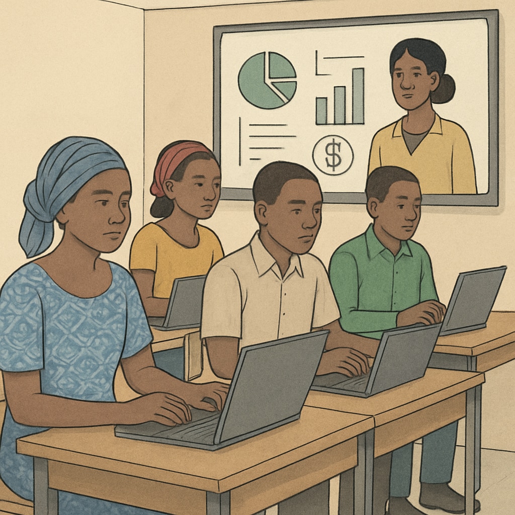 A group of Malian students attending a virtual financial literacy workshop, symbolizing how technology can bridge educational gaps. Virtual learning opportunities for Malian students to explore the financial industry.