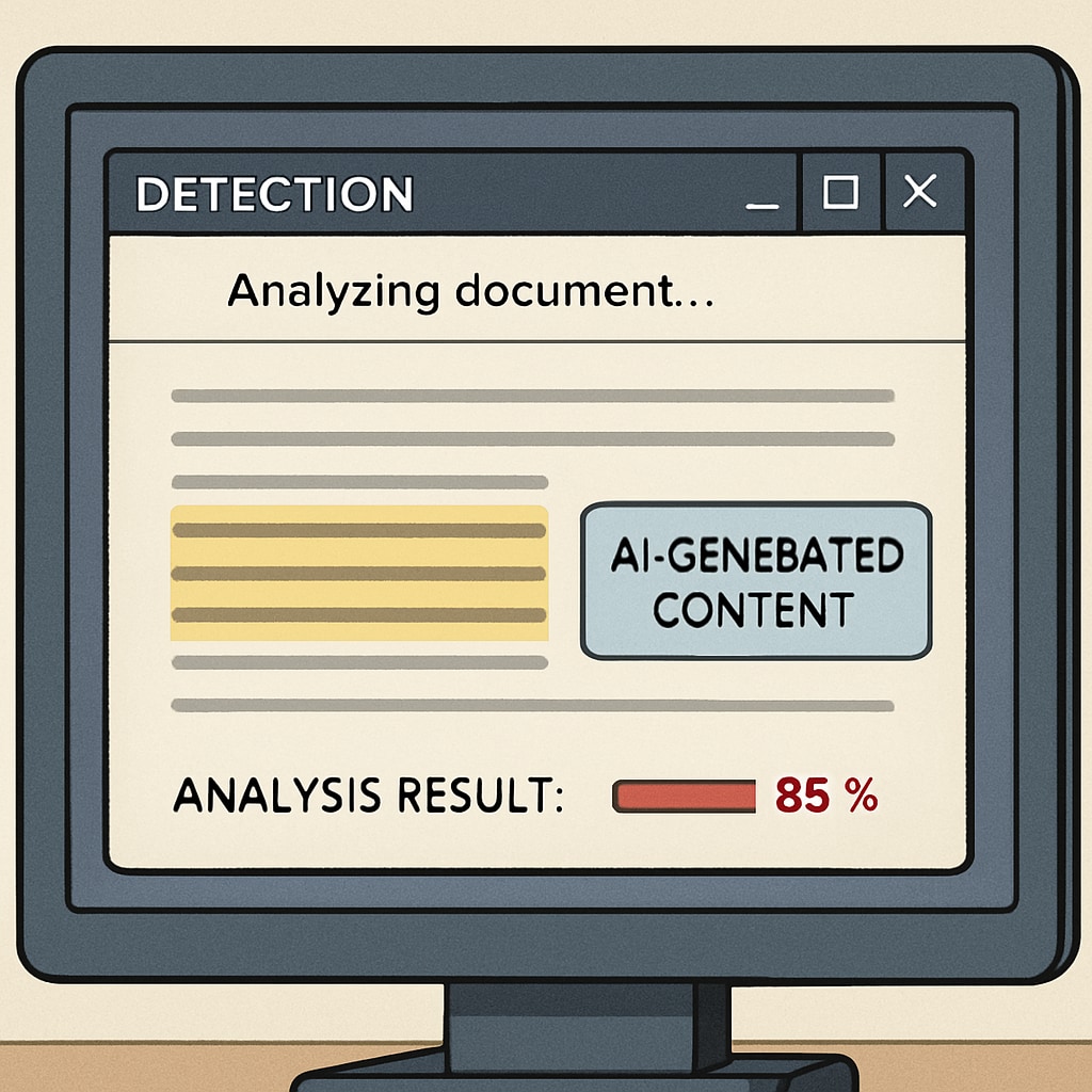 A close-up of a computer screen showing detection software analyzing a document for AI-generated content. Detection software analyzing a document for AI-generated content on a computer screen.
