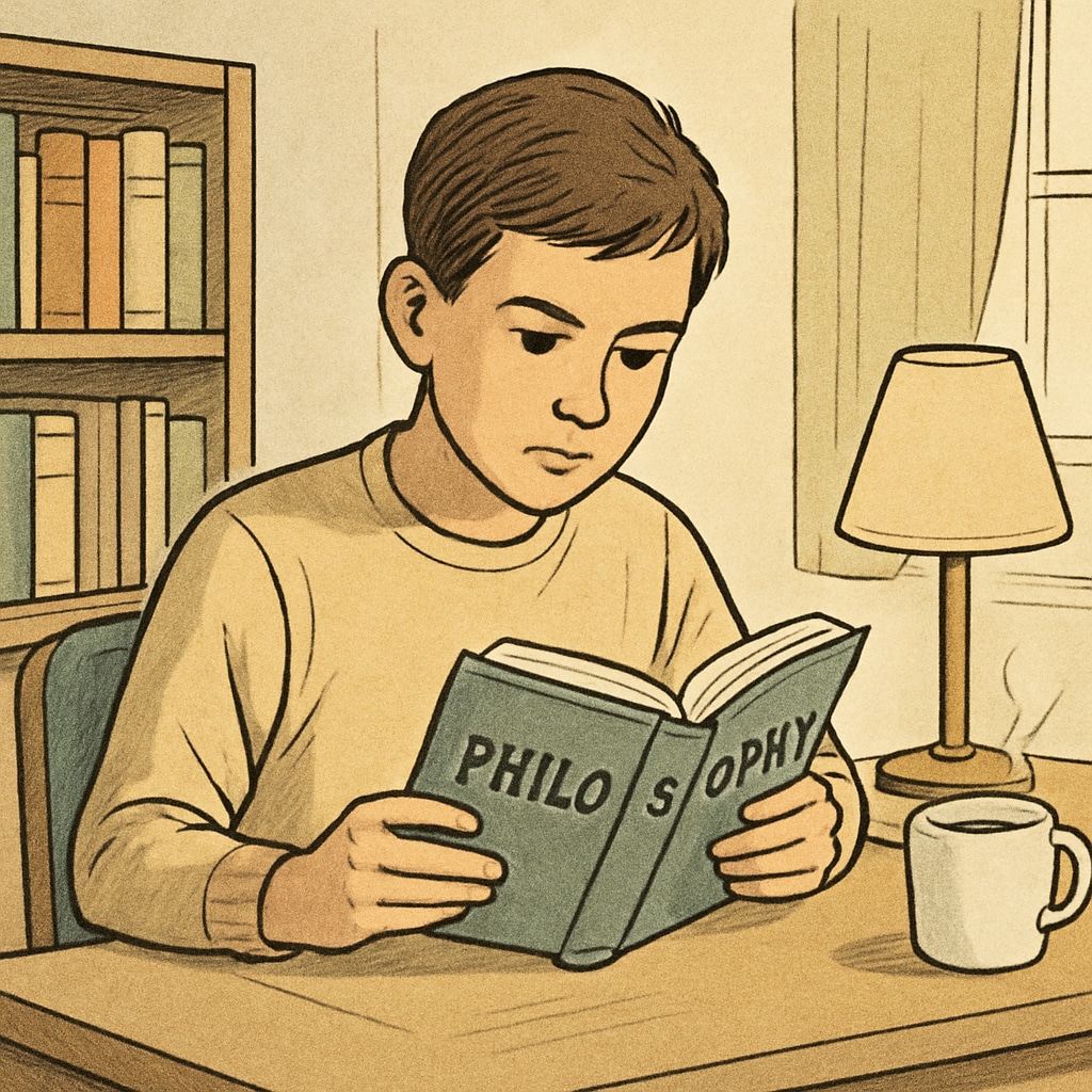 A young student reading a philosophy book at home, symbolizing self-learning in a comfortable setting. Student reading a psychology and philosophy book at home