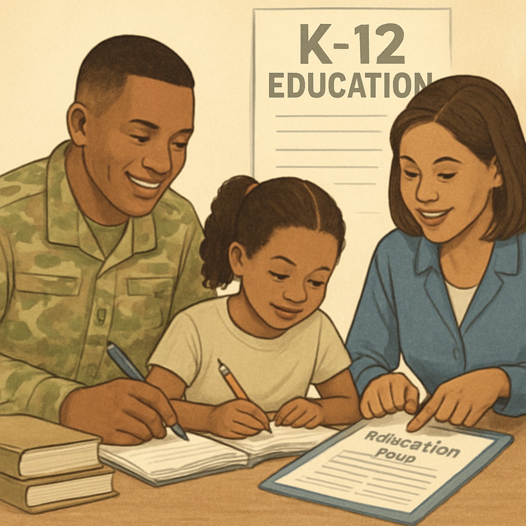 A military family working together on educational planning, showcasing a balance between career and K12 education. Military family balancing career advancement and K12 education needs.
