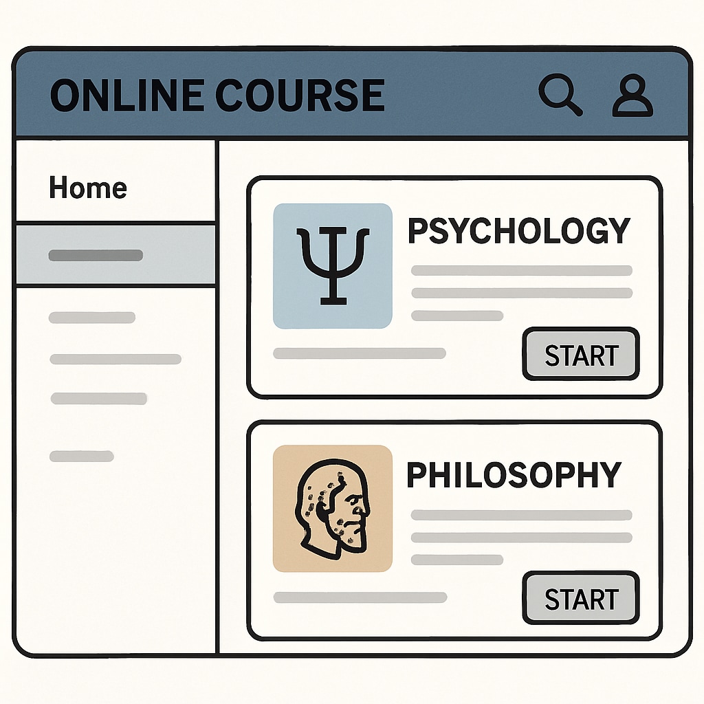 An online course platform interface showing psychology and philosophy modules, representing digital learning opportunities. Online course interface for psychology and philosophy learning