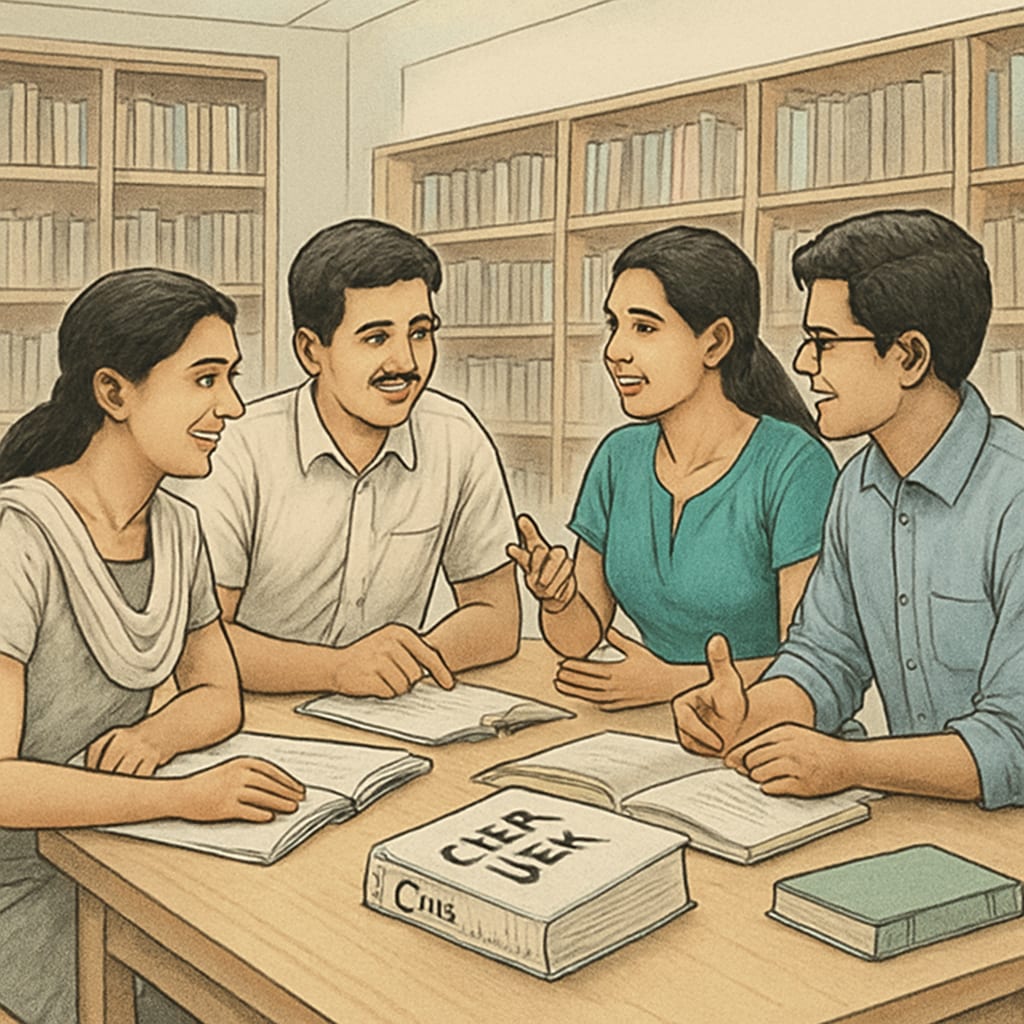 A group of students in Kerala discussing CMA USA study materials in a library setting Kerala students studying CMA USA certification materials in a library