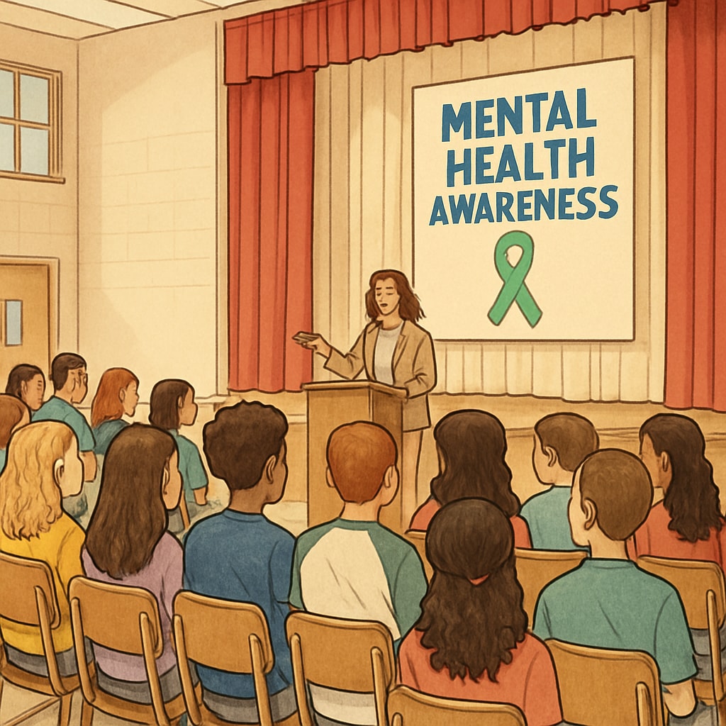 A group of teens attentively listening to a speaker in a school auditorium, representing a high school assembly focused on mental health awareness. Teens listening to a mental health speaker in a school assembly