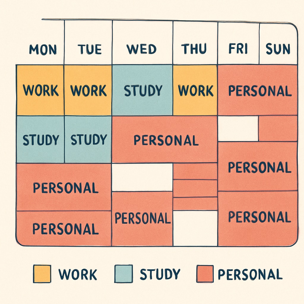 A calendar with color-coded time blocks for work, study, and personal activities, illustrating effective time management. A visual representation of effective time management for professionals pursuing higher education.