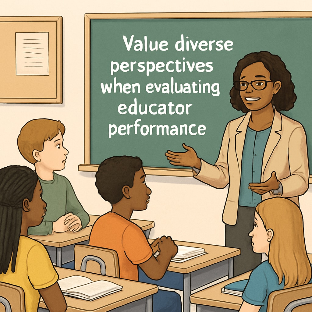 A classroom setting where a teacher interacts with students, emphasizing the importance of diverse perspectives in assessing educator performance. Teacher interacting with classroom students, highlighting diverse perspectives for references.