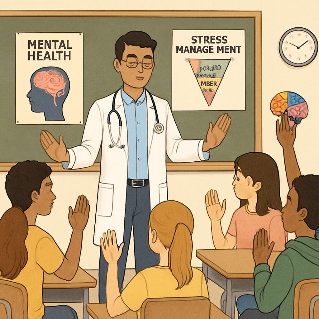 A medical student leading an interactive mental health workshop for teens, showcasing practical strategies like mindfulness and stress management. Medical student conducting a mental health workshop for high school students