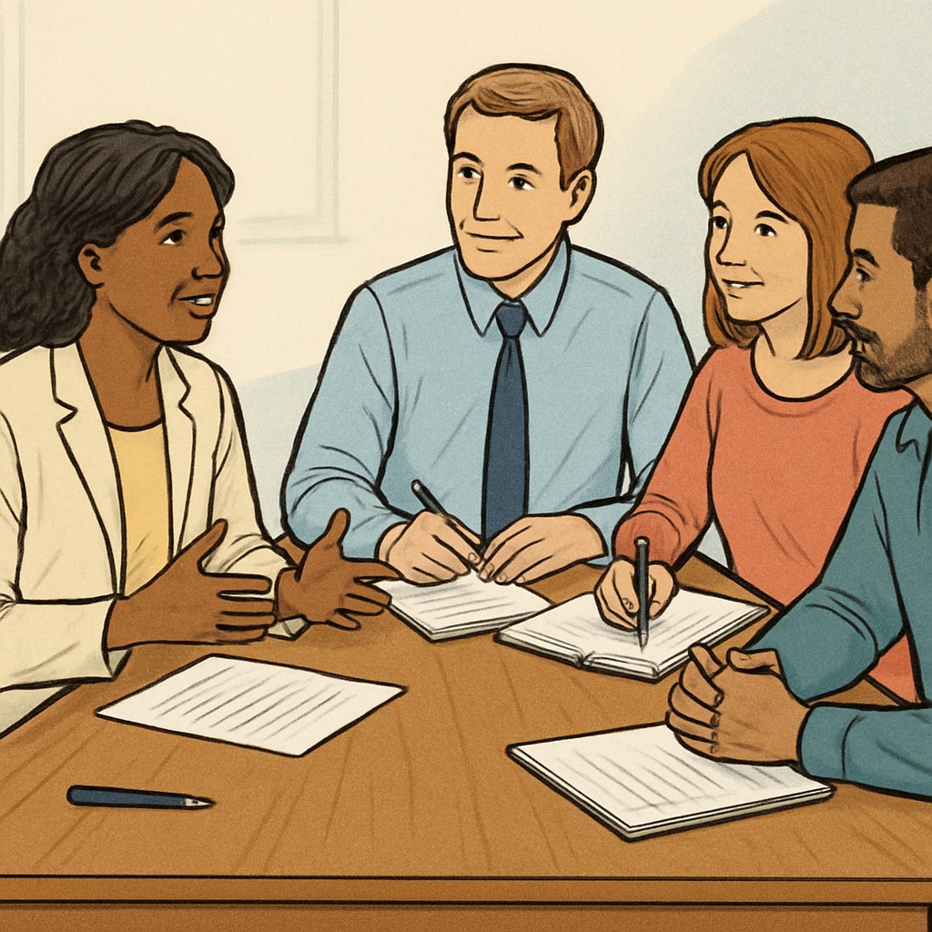 A professional meeting between educators and parents, suggesting parents as credible references in the hiring process. Educators and parents in a professional meeting discussing student progress, illustrating alternative references.