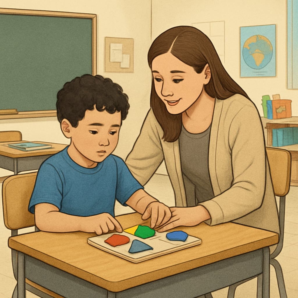 A classroom setting where a teacher assistant is helping a child with autism complete a hands-on task, emphasizing individualized support. Teacher assistant helping a child with autism in a special education classroom.