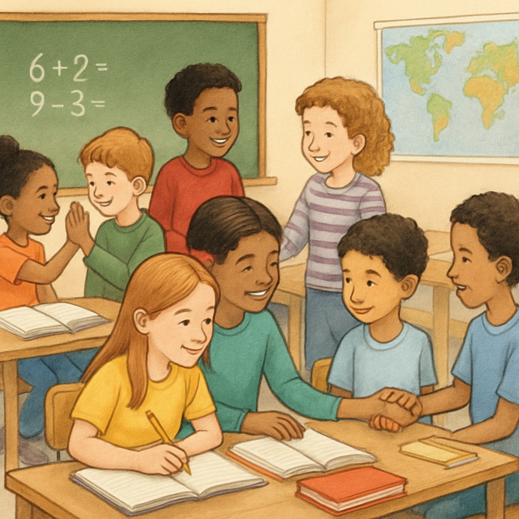 A classroom filled with students interacting positively, representing a safe and bully-free environment. Classroom promoting a bully-free atmosphere with engaged students and a supervising teacher.
