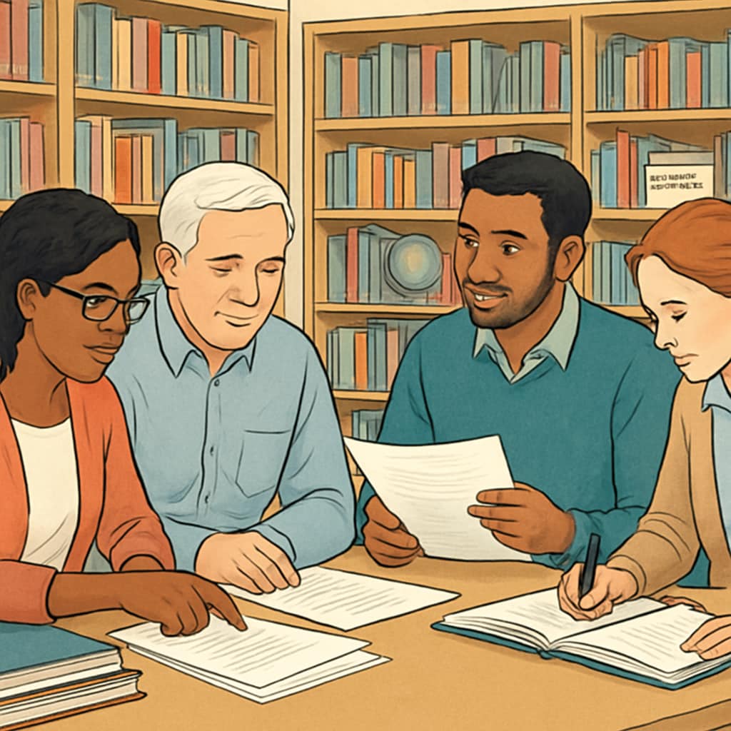 A diverse group of teachers sitting in a library, collaborating on educational research papers. Teachers discussing reading comprehension research and text complexity.