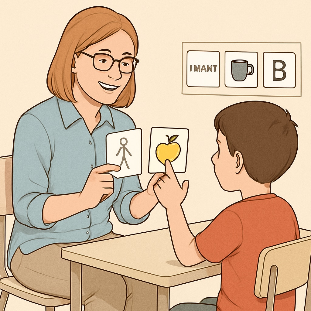 A teacher assistant holding visual aids and engaging a child with autism in a structured learning activity, illustrating communication strategies. Teacher assistant using visual aids to support a child with autism in learning.