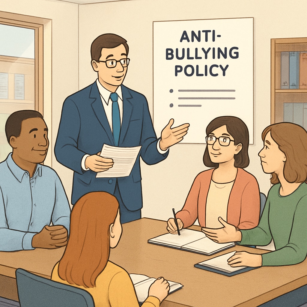 A school administrator discussing anti-bullying policies with parents and teachers during a meeting. School staff collaborating with parents and educators to prevent bullying.