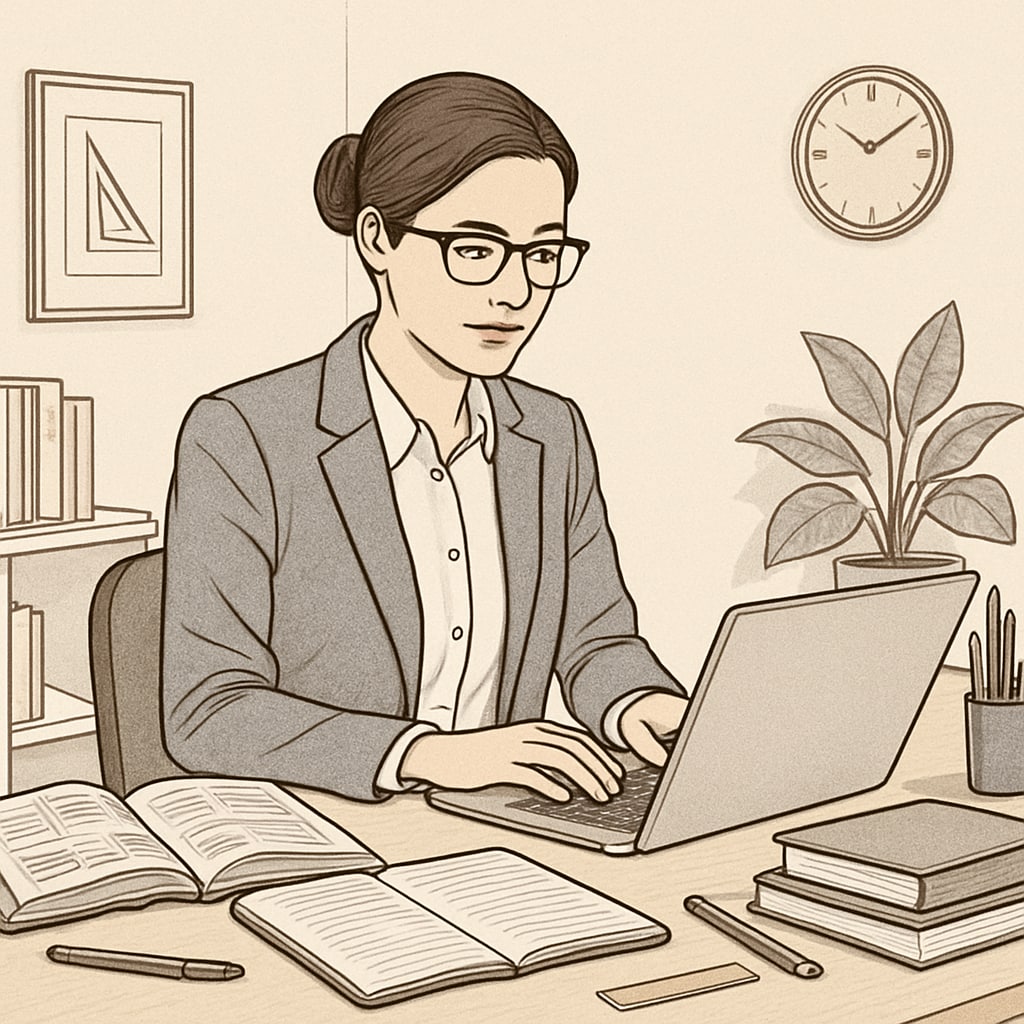 A teacher working on a laptop at home with educational materials spread out on the table. A teacher participating in a reading comprehension research project online.