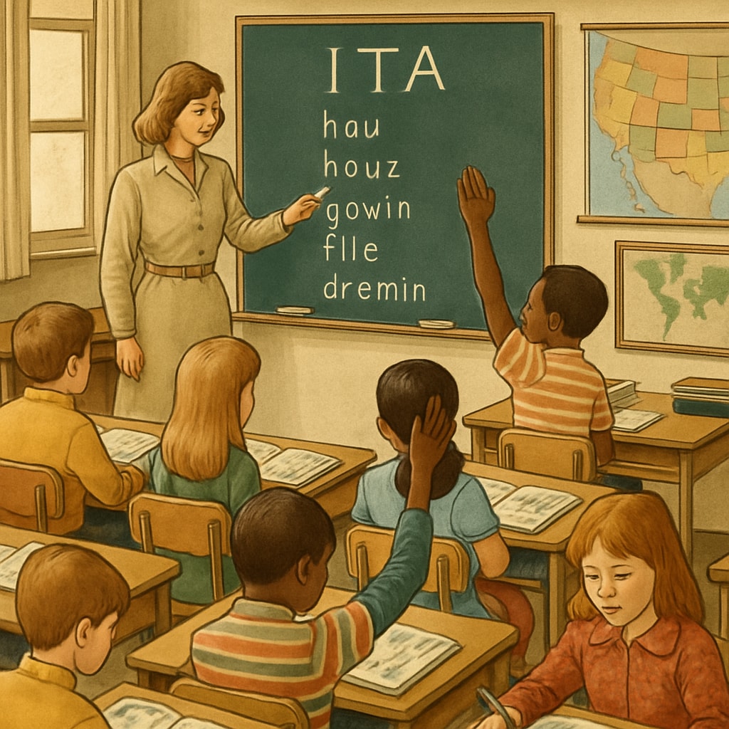 A historical classroom setting from the 1970s where children are learning using the ITA method. A 1970s classroom with children using ITA, a 44-character phonetic alphabet for literacy.