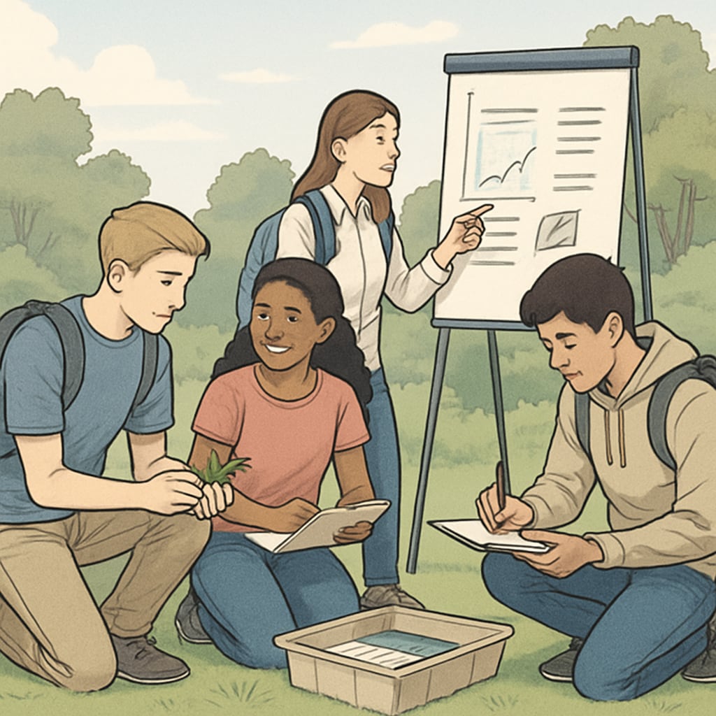 A group of high school students participating in an outdoor educational workshop or group activity, showcasing teamwork and engagement. High school students engaging in a group activity as part of extracurricular learning opportunities.