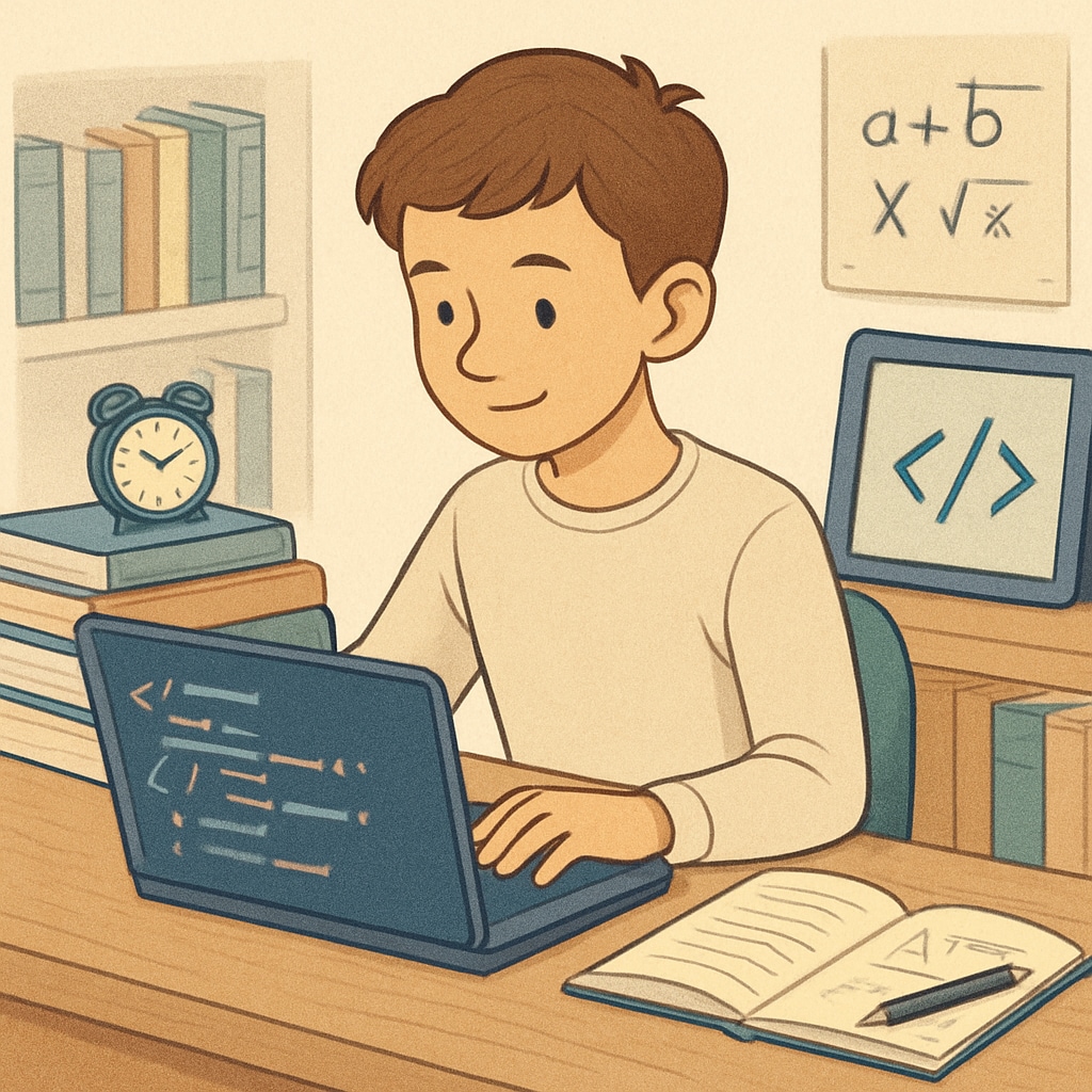 A young teenager coding on a laptop, surrounded by books and a tablet, symbolizing programming education. Teen exploring programming as a career choice, coding on a laptop in an educational setting.