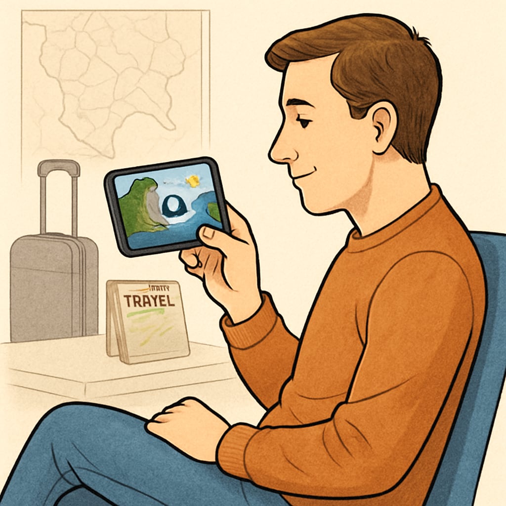 A traveler using their smartphone to watch short video content highlighting a tourist destination. The image reflects the role of short videos in influencing travel decisions. A person watching a short video about travel destinations on their smartphone, illustrating short video tourism.
