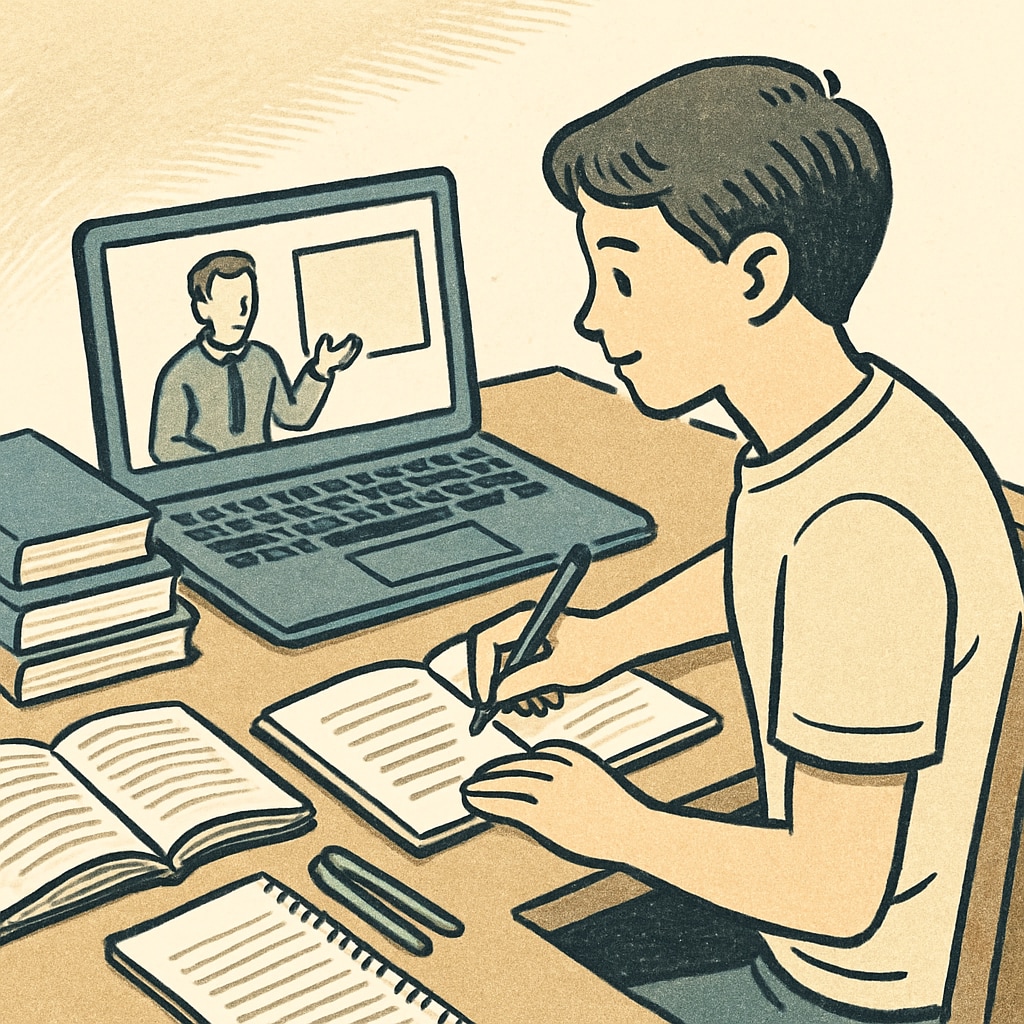 A student studying online with a laptop, surrounded by books and notes, emphasizing self-directed learning. A high school student using online resources for extracurricular education.