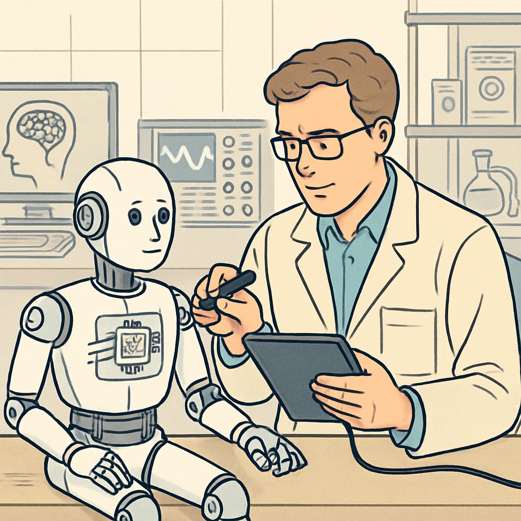 An engineer working on a prototype robot in a laboratory, showcasing the integration of AI and hardware systems. Engineer working on AI-driven robotics in a lab environment.