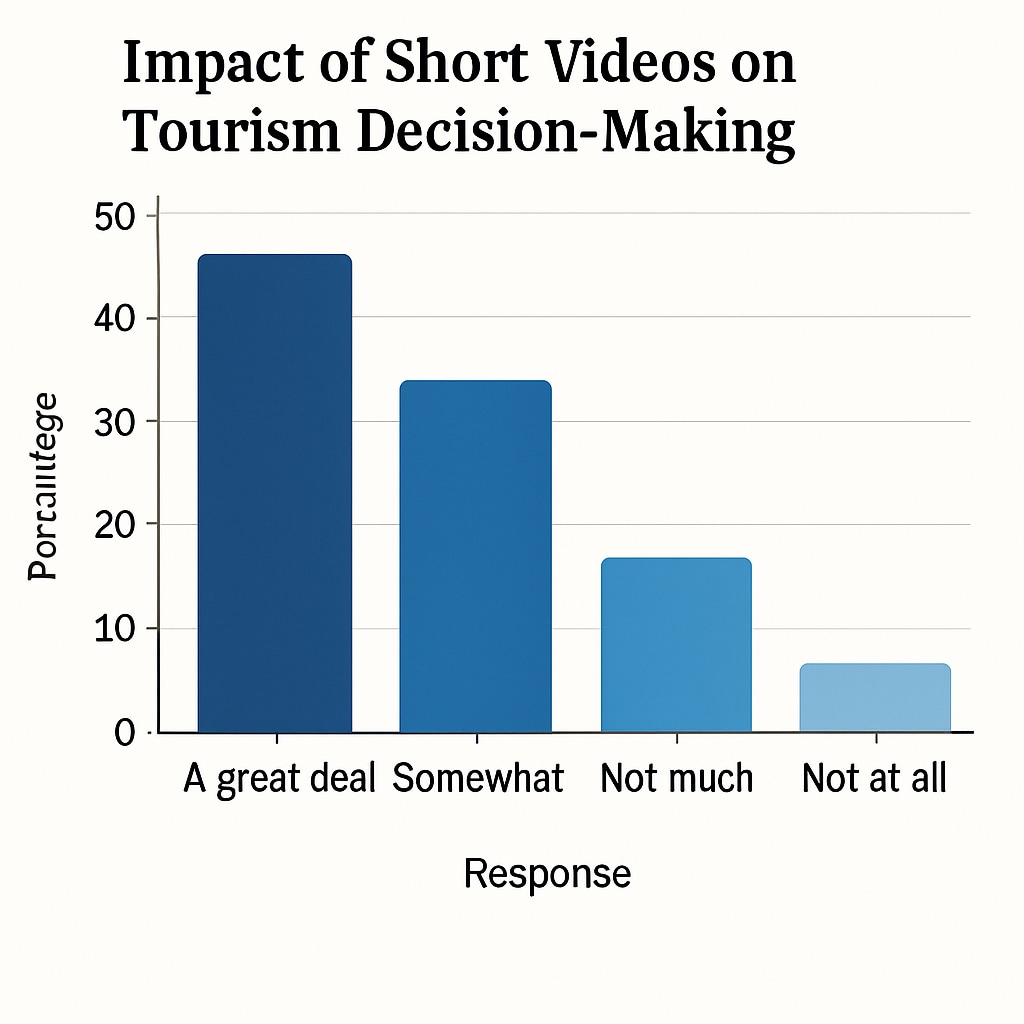 A bar chart visualizing survey results related to the impact of short videos on tourism decision-making, showcasing data trends. A bar chart showing the results of a survey on short video tourism influence.