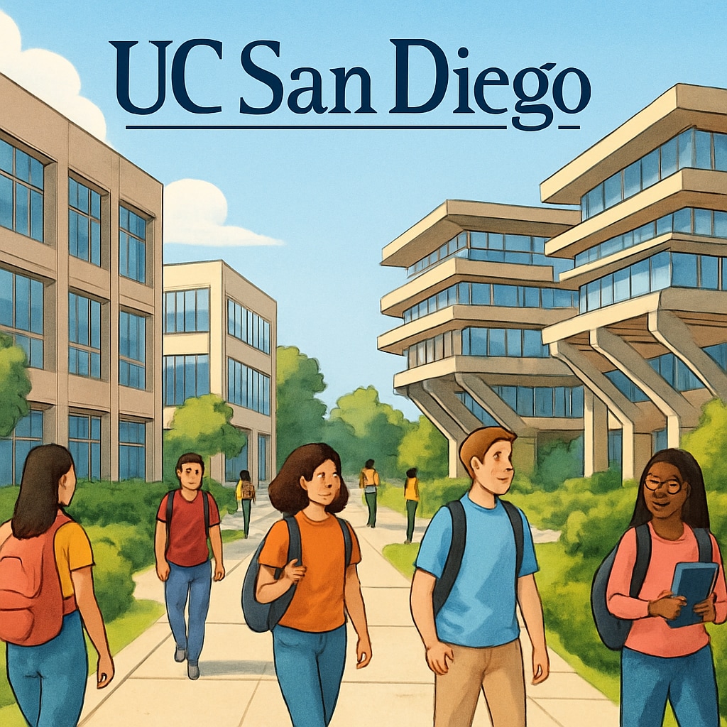 A vibrant UC San Diego campus with students walking between modern academic buildings. UC San Diego campus with students walking and modern buildings in the background.