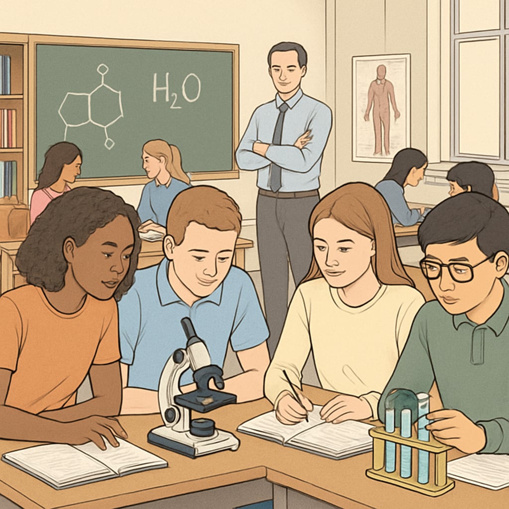 A classroom of engaged high school students working collaboratively on a science project. High school students collaborating on a science project in a classroom setting.