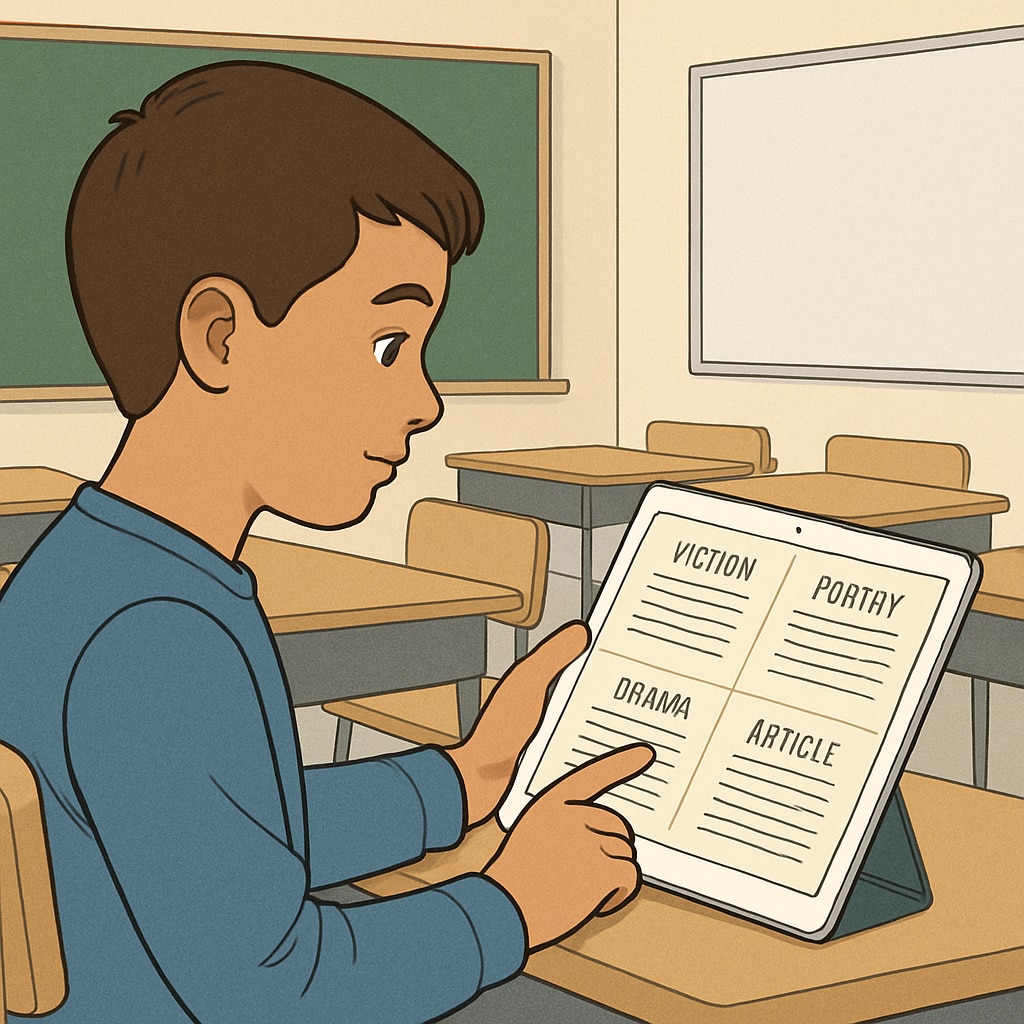 A student analyzing different types of texts on a tablet in a classroom setting. Student identifying text purpose in Functional English reading comprehension.
