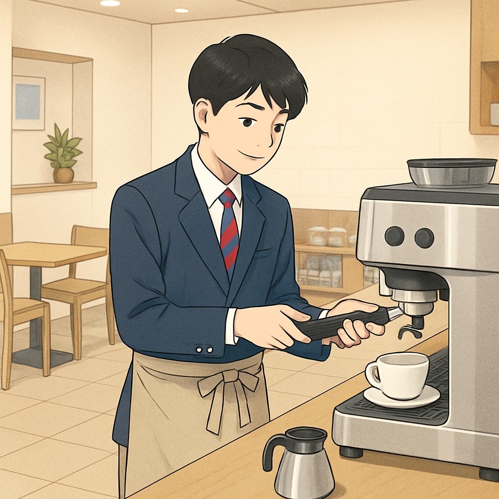 A high school student working at a café after school, demonstrating part-time job involvement in a practical setting. High school student working part-time at a café
