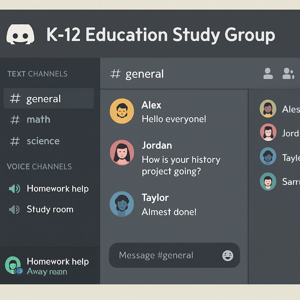 A screenshot of a Discord study group dedicated to K12 education students with active text and voice channels. Discord study group for K12 education students at Houston University