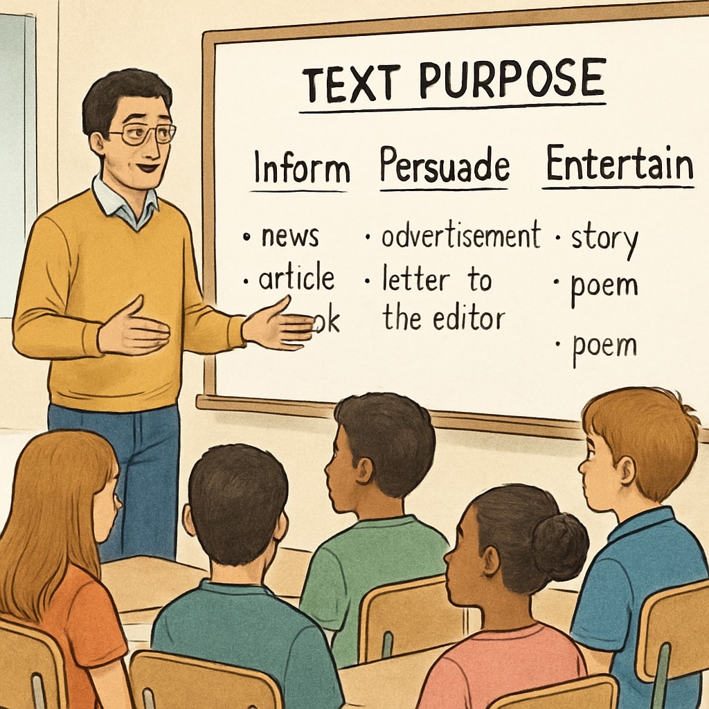 A teacher using a whiteboard to explain text purpose categories with examples to a group of students. Educator teaching text purpose strategies in Functional English.