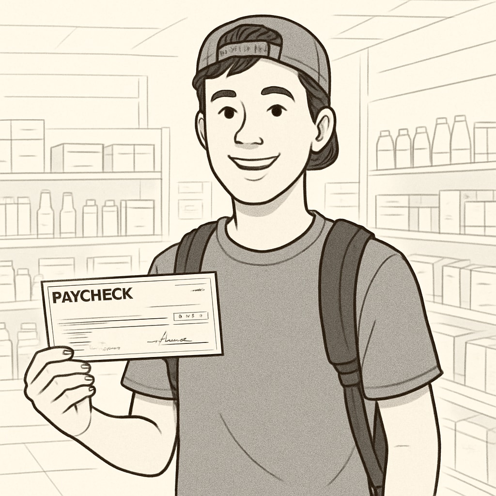 A student proudly holding their paycheck at a retail store, symbolizing financial independence. Student paycheck symbolizing financial independence
