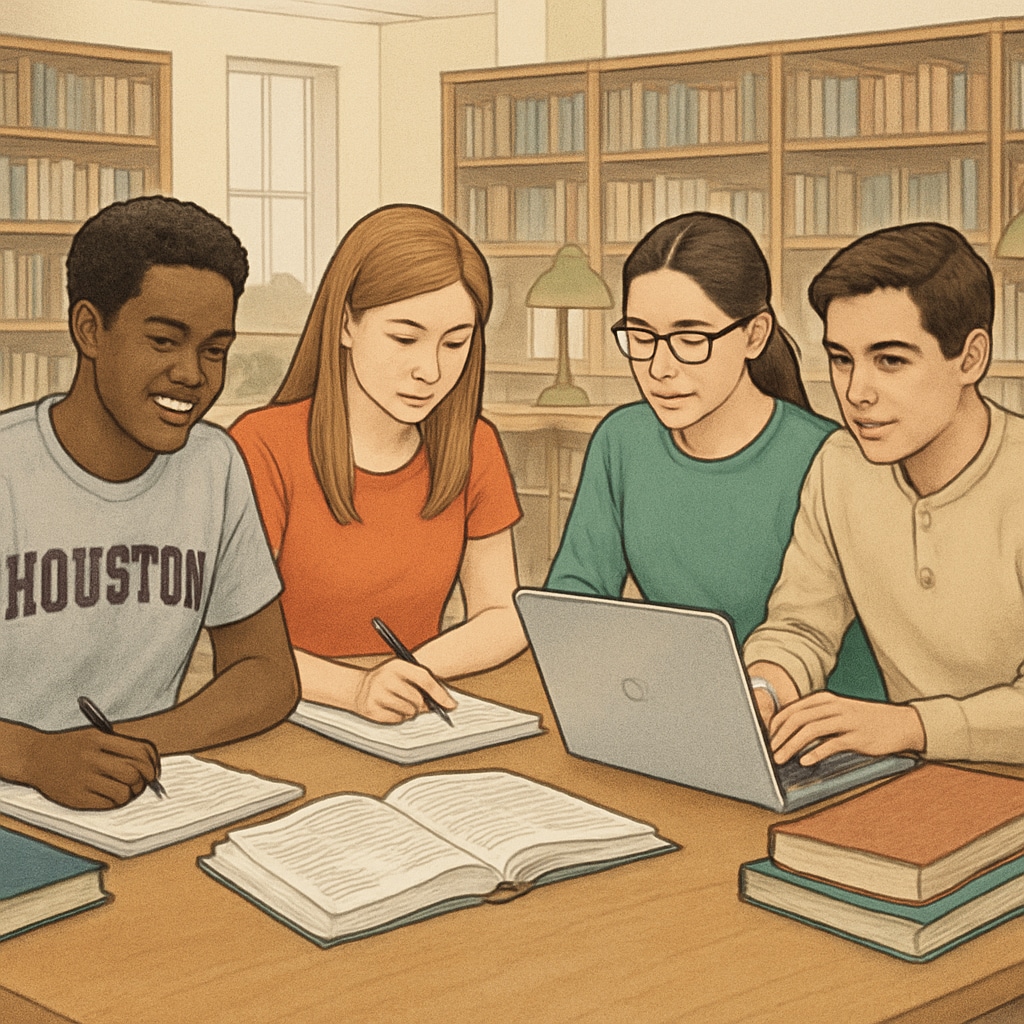 A group of Houston University students collaborating on K12 education assignments in a university library. Houston University students working on K12 education assignments