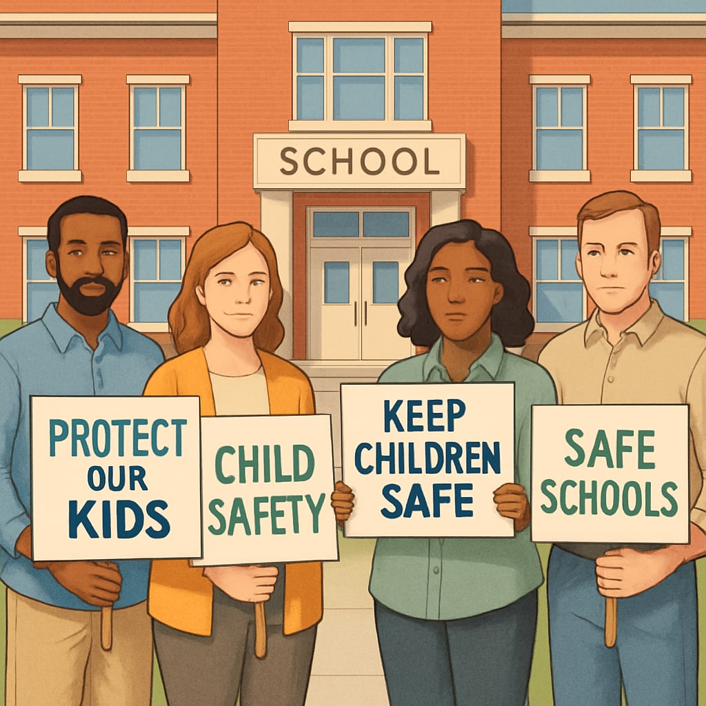 A group of concerned parents protesting outside a school building, holding signs advocating child safety. Parents protesting child safety concerns outside a school building.