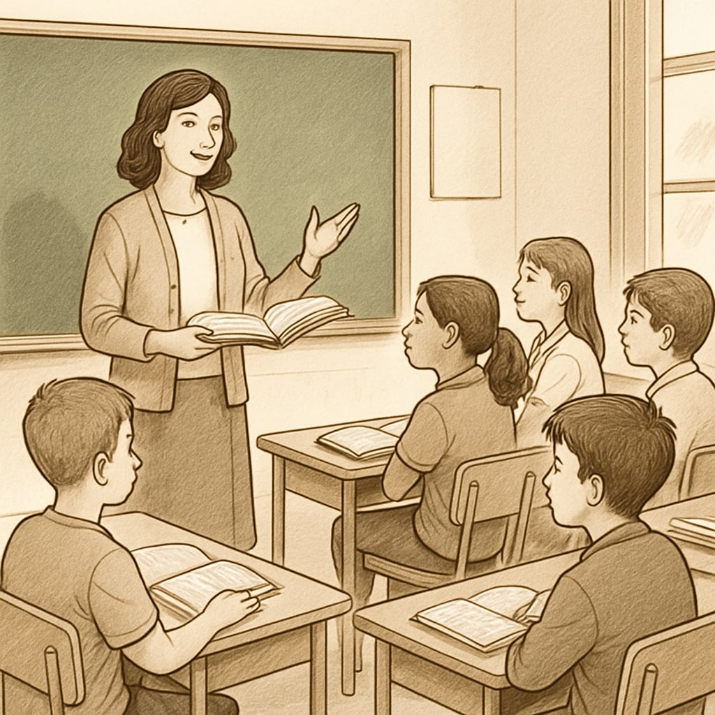 Students attentively listening to a teacher in a classroom without smartphones, showcasing a focused learning environment. Classroom without smartphones, focused students and teacher interaction.