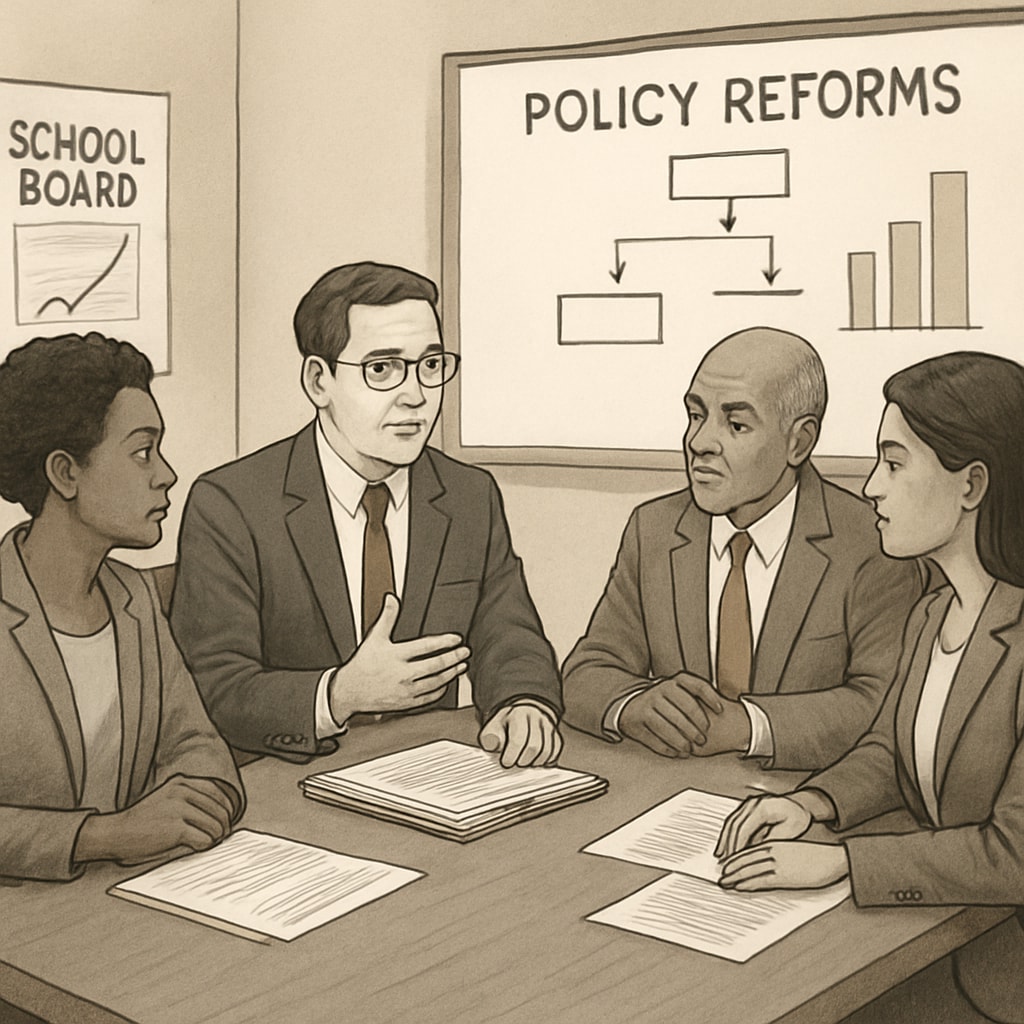 A lawyer and community leaders discussing policy reforms related to school board governance. Community leaders and a lawyer reviewing school board policy reforms.