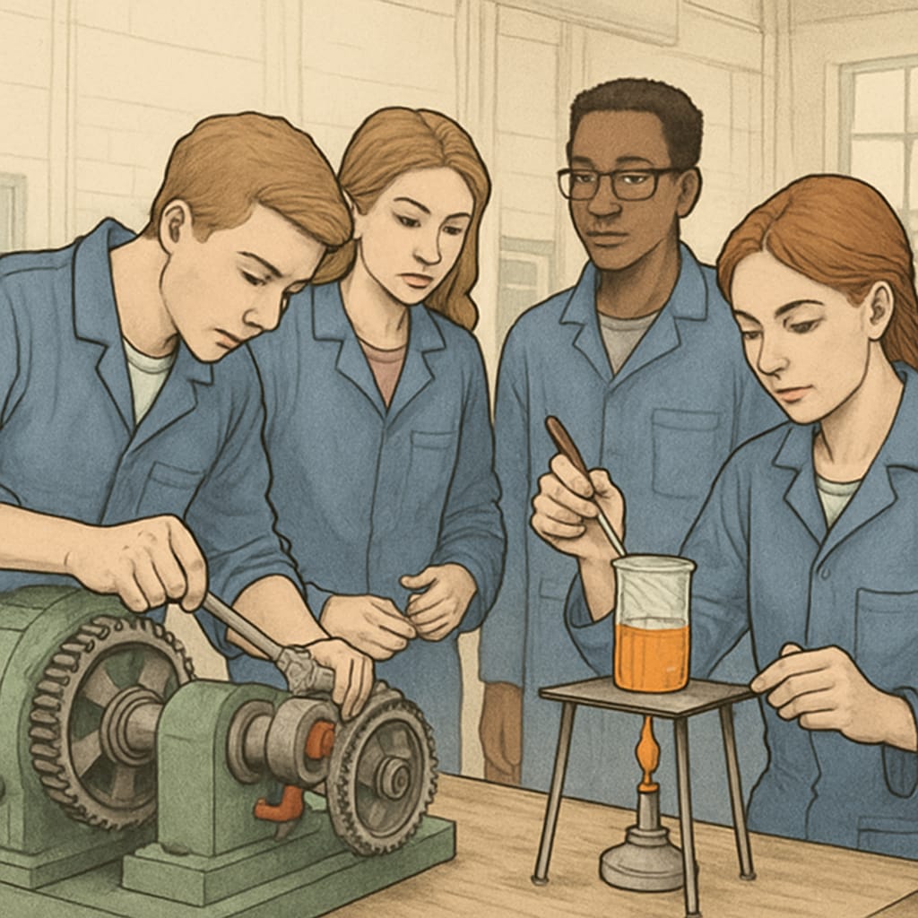 Students participating in a vocational training session, such as working on machinery or conducting a lab experiment. Students in a vocational training program as part of UK continued education pathways.