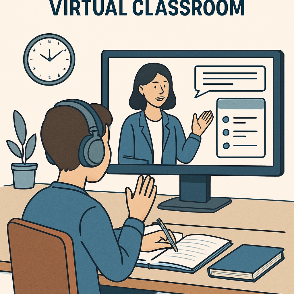A virtual classroom or an individual studying online, showcasing the flexibility of online learning. Online learning platform used for UK continued education.