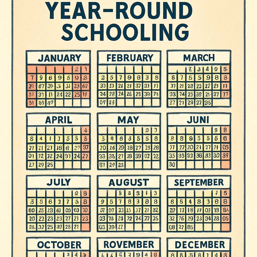 A classroom calendar illustrating year-round schooling with shorter, evenly distributed breaks. Year-round schooling calendar with shorter, frequent breaks.