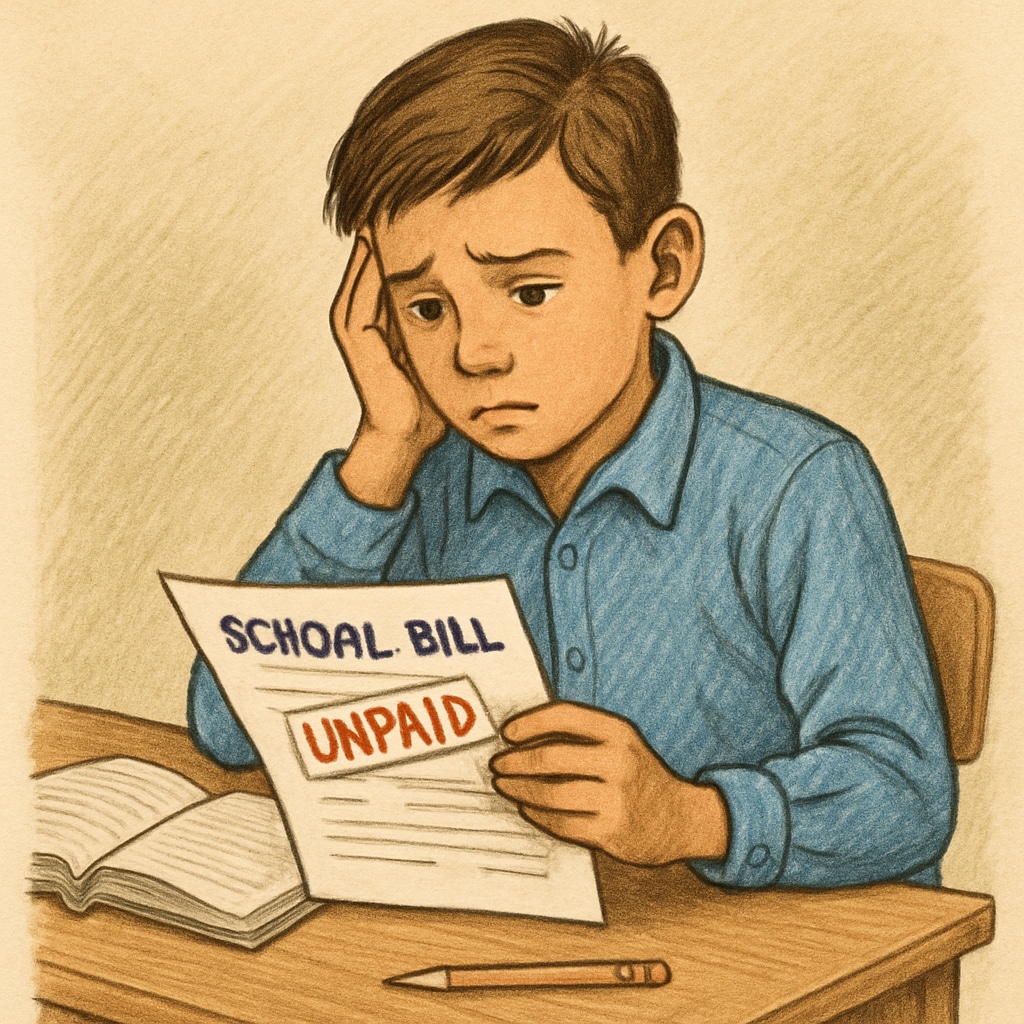 A concerned K12 student sitting at a desk, looking at an unpaid school bill. A K12 student facing unpaid school fees and transcript challenges.