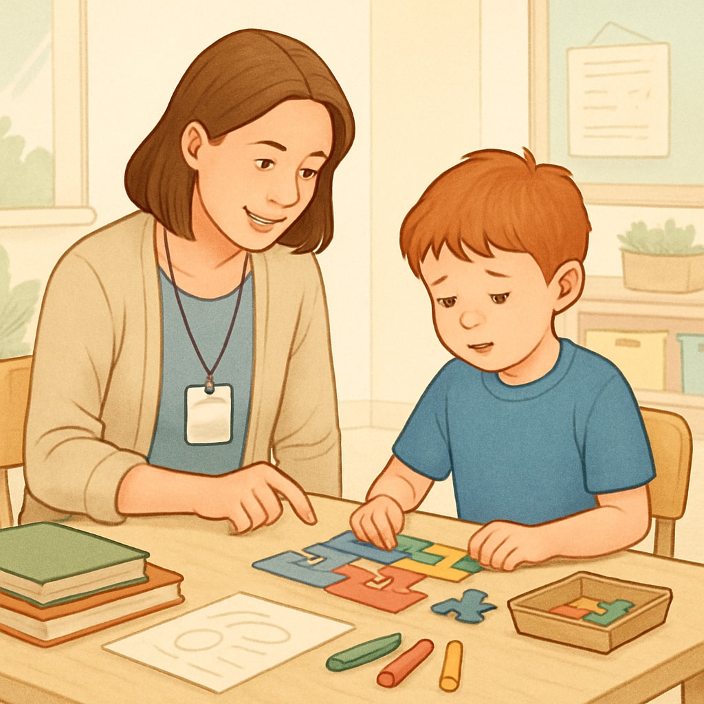 Teacher assistant helping a child with autism spectrum disorder in a classroom activity.