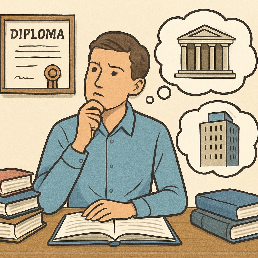 A student sitting at a desk, reflecting on educational choices, with books and a diploma visible. A student reflecting on a modified high school diploma and future options.