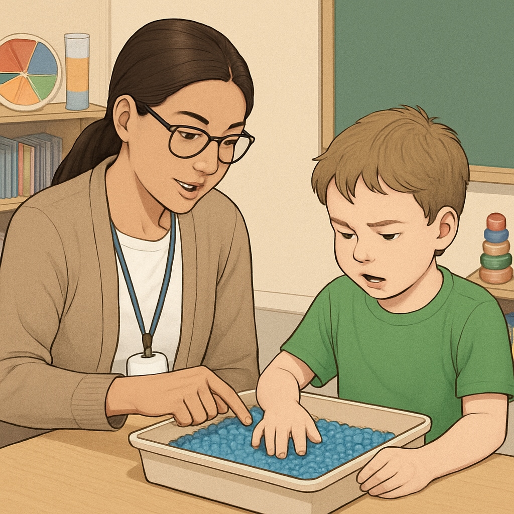 Teacher assistant guiding a child on the autism spectrum through a sensory activity.