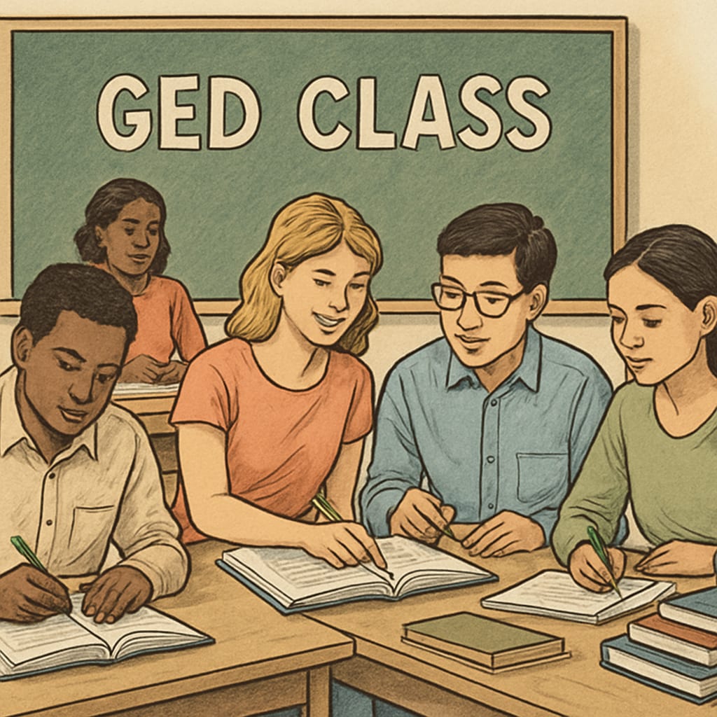 A diverse group of students engaging in a GED preparation class. Students participating in a GED preparation class as an alternative pathway.