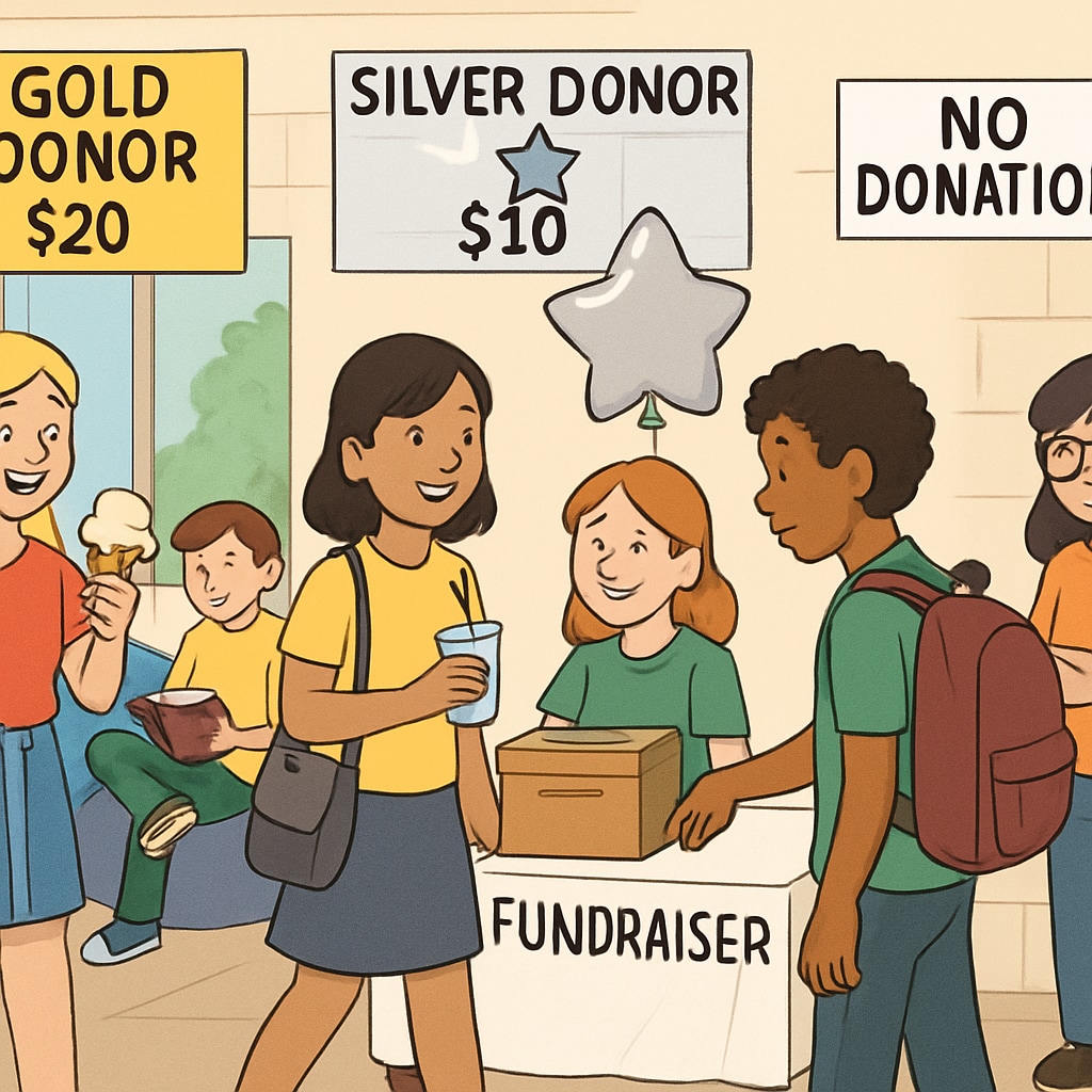 A group of students participating in a school fundraising event, with visible disparities in privileges based on donation levels. School fundraising event showing disparities in privileges based on donations