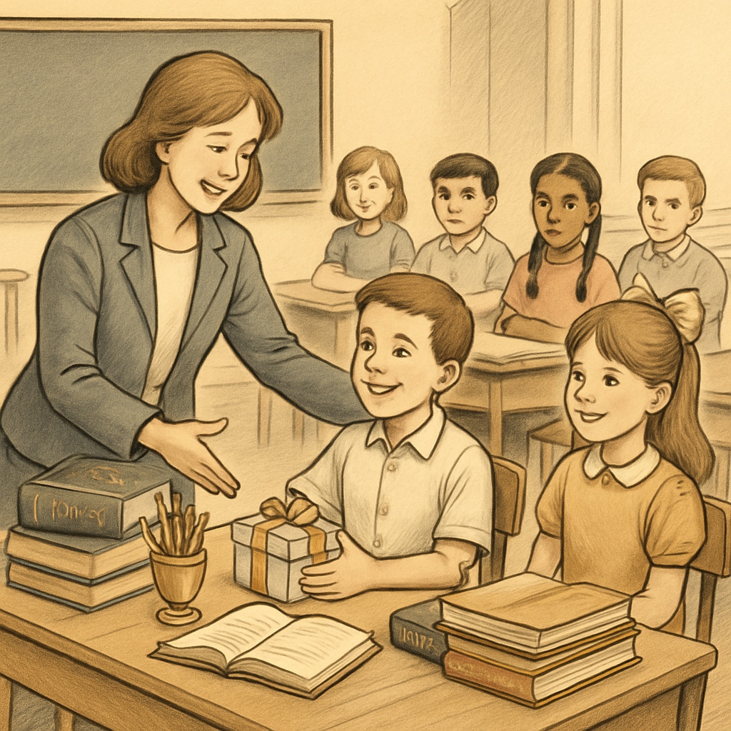 A classroom setting where certain students are visibly given special treatment due to their families' higher donations. Classroom scenario highlighting privilege due to higher donations