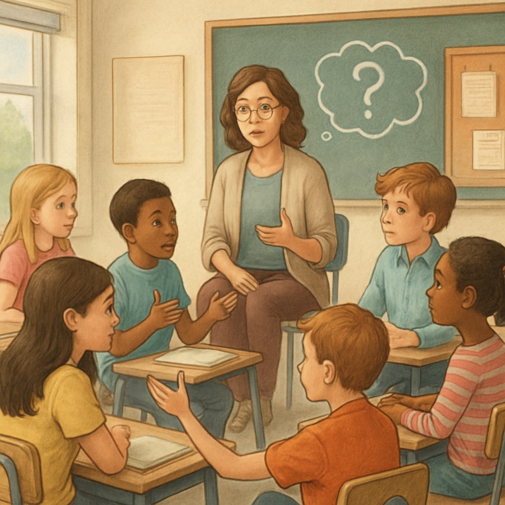 A classroom setting where students are engaged in a philosophical discussion, emphasizing the importance of introducing abstract concepts in early education. K12 students discussing philosophical ideas in a classroom.