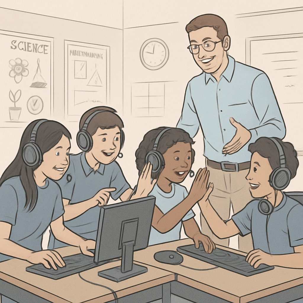 A group of K-12 students actively participating in an esports competition, with a teacher guiding them. The image showcases collaboration, teamwork, and the educational use of esports. Students engaged in esports as part of game-based learning in education.
