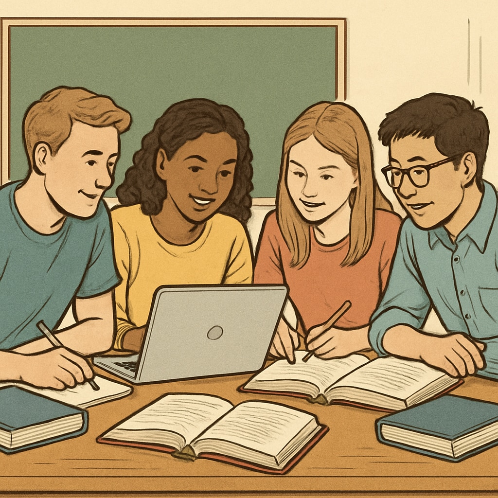 A group of students collaborating on a project, symbolizing teamwork in learning. Students working together on a project, showcasing the importance of group study methods.