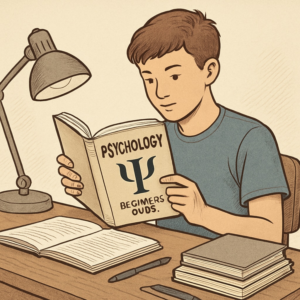 A teenager reading a beginner-friendly book on psychology, showcasing self-learning resources for older students. High school student exploring psychology through a self-learning book.
